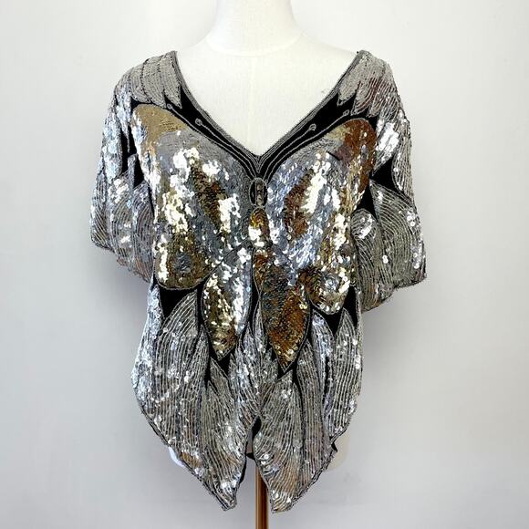 Vintage 80s Silver Gold Sequin Butterfly Silk Top Sz L NYE Glam Party Statement - Picture 1 of 9